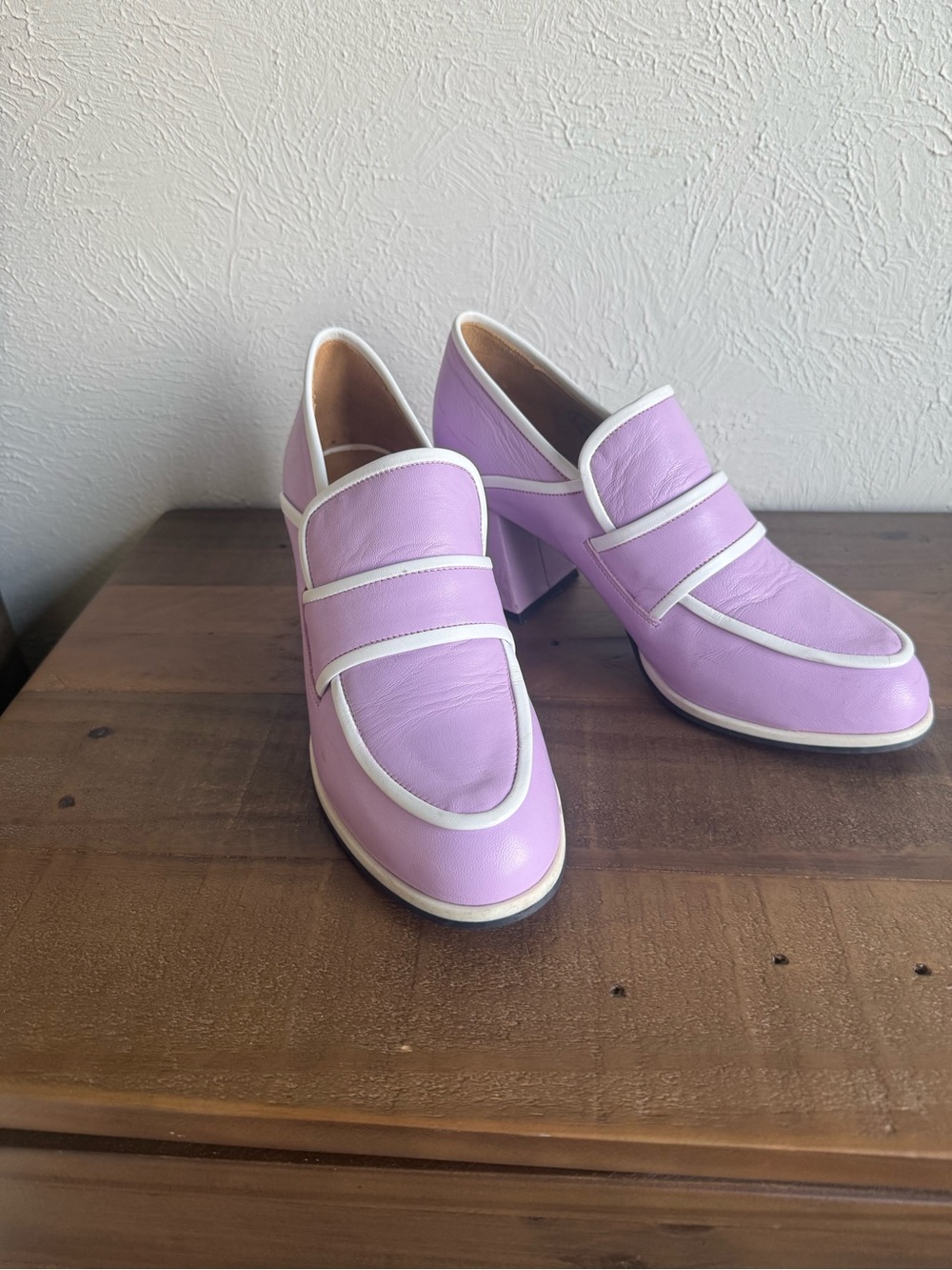 Fluevog Clouds of Joy Nimbus Lavender Block Heel Loafers with White Trim